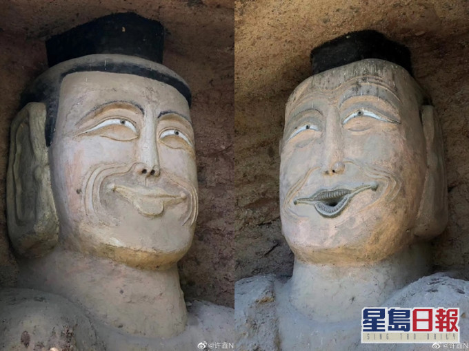 佛像復修後表情滑稽惹網民熱議。 網圖
