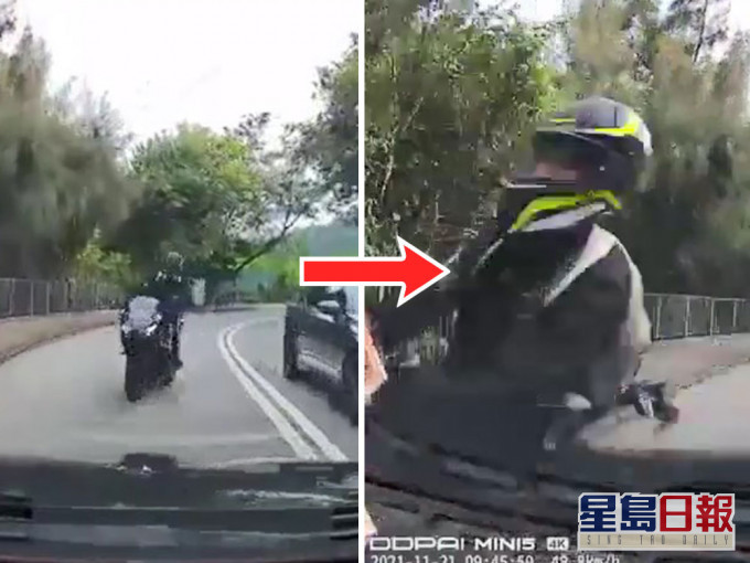 有車cam拍到鐵騎士切雙白線逆線直撼私家車的一刻。網上片段截圖