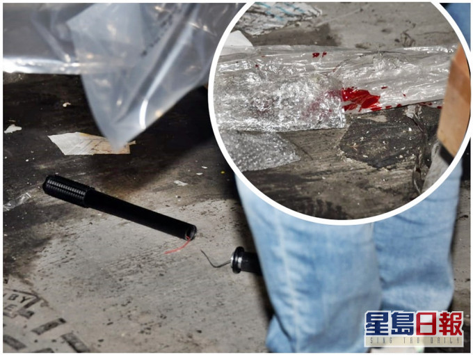 現場遺下一支懷疑與案有關的折斷電筒和少量血跡(小圖)。