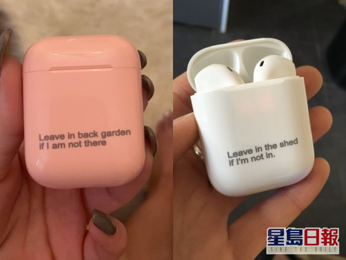 網購女填錯表格,致送貨提示刻於耳機充電盒上。Rosa Falcini Twitter