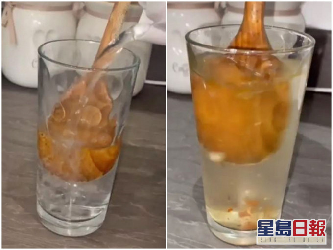 乾淨的木匙羹放入熱水中,瞬間滲出不少油脂及污垢。影片截圖