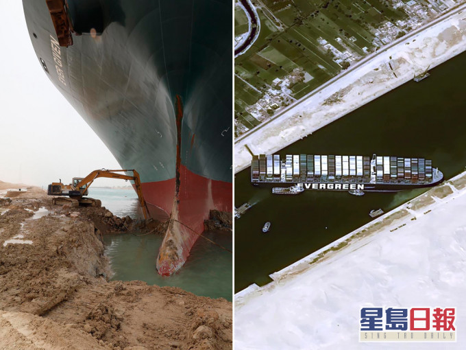 苏彝士运河搁浅货柜轮船头「重见天日」,但仍未能移走。ap图片