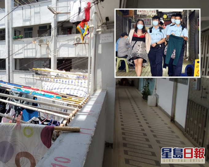 大廈不少住戶都在屋外晾衫。小圖為被捕中年婦。 林思明攝