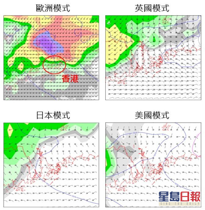 各大電腦預報模式對於4月16日的地面預報圖,有顏色部分代表上午8時至下午8時的累積雨量。淺綠色為雨量較少,黃色或偏紫色為雨量較多。天文台