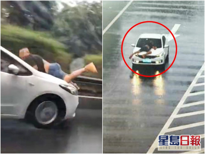 內地一輛私家車的引擎蓋上竟然趴著一名男子,並高速行駛了30公里方被警方截停。網圖