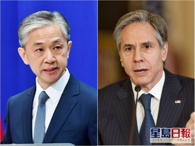 外交部發言人汪文斌（左）回應美國國務卿布林肯（右）的言論，促美方停止干預香港事務。網圖、AP資料圖片