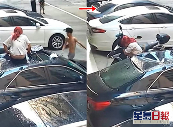 半裸男子急急跑到現場,將女子抱下車並安撫對方。影片截圖