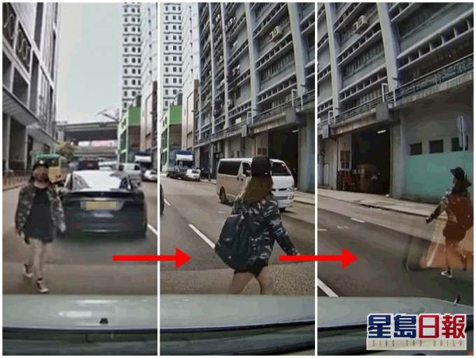 葵涌永得利廣場對開馬路,一名女子在車與車之間橫衝直撞。影片截圖