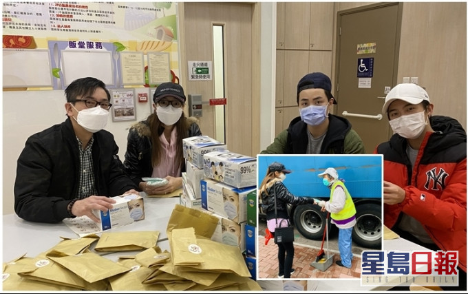 范振鋒、李思欣和公司藝人黃進林(右二)、鄭仲恒(右一)(前香港武術代表隊)齊齊入口罩及派口罩。