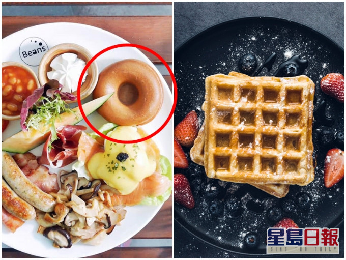 有食客投訴九龍灣一間餐廳的窩夫(左)呈圓形,而非「格仔」狀。