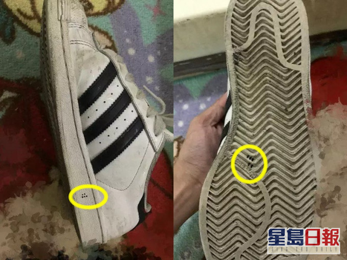 女网民指，自己放在屋外的鞋子被人划上黑点。「Dcard」图片