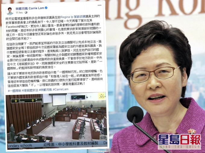 林鄭月娥指香港近年被假仁假義的口號和文宣害得慘。小圖為林鄭月娥fb截圖