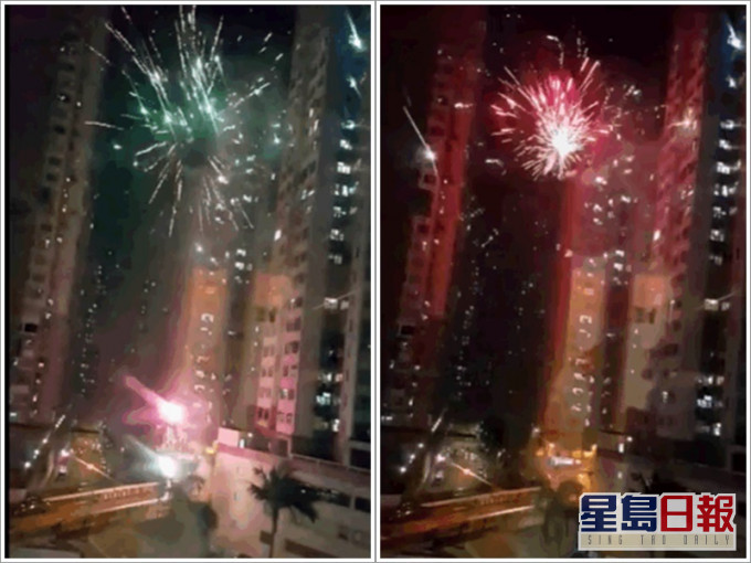 年初一荃灣中心有非法燃放煙花。圖:網民花生台截圖