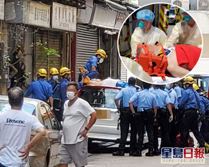 男子倒臥私家車車頂上,消防將他救下送院。 網圖及林思明攝