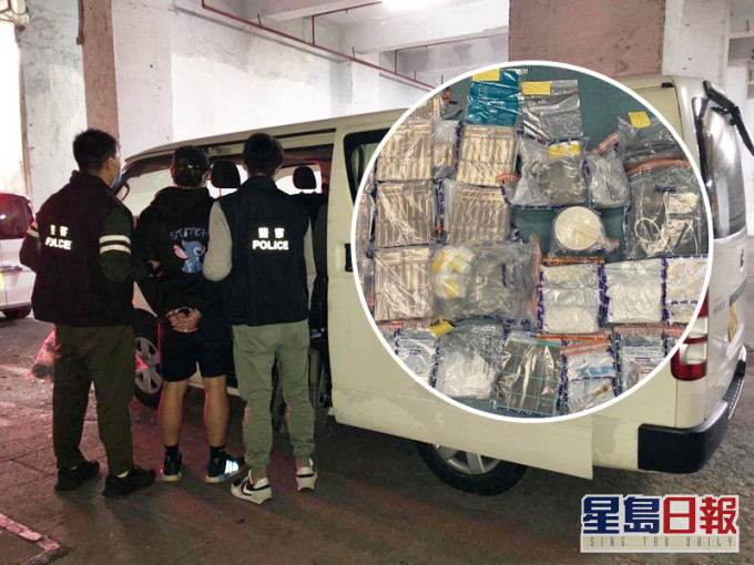 警方搗破油塘工廈一個製毒工場,拘捕一名23歲男子,並檢獲市值約161萬元毒品。警方圖片
