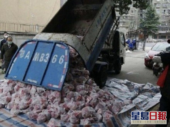 武汉屋苑用垃圾车运肉倒地派市民。(网图)