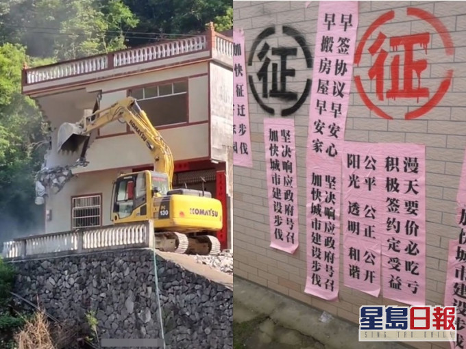 网民贴出村里号召拆迁的条幅及拆房照片。网图