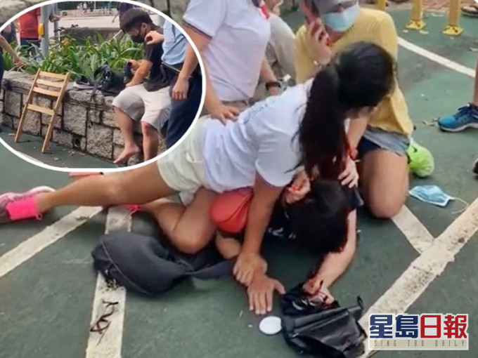 男子被制服。小图为被捕男子及涉案木凳。「天水连线」fb截图