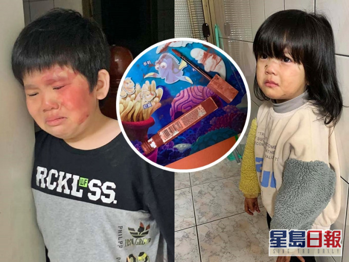 妹妹拿不掉色的唇膏畫在哥哥的臉上。網圖