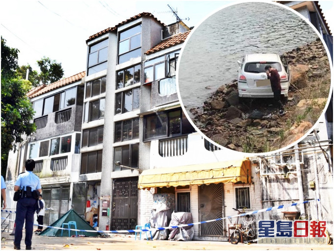 警方以帳篷遮蓋死者遺體。(小圖:私家車疑失控衝落石灘險墮海。FB群組「大埔TAI PO」圖片)