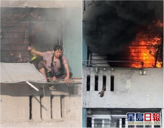 起火单位(右面)有一只手伸出露台外,相信属于死者。读者提供