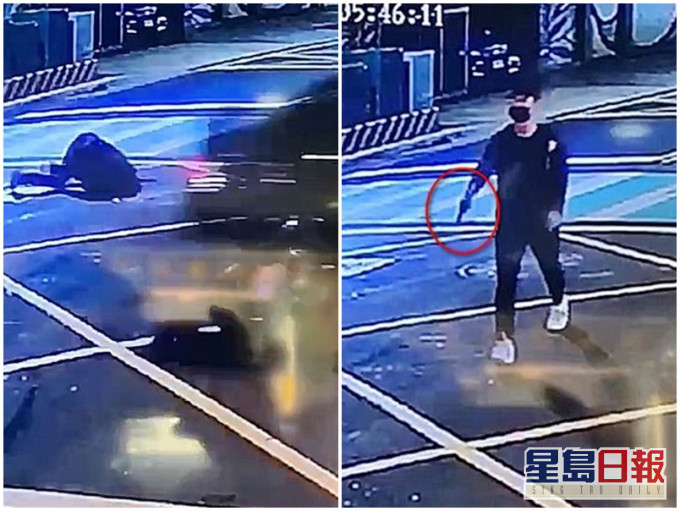 蕭男等3人上車踩油門撞向吳男等人,吳男的友人(右)則拿出道具槍向車輛射擊。網圖