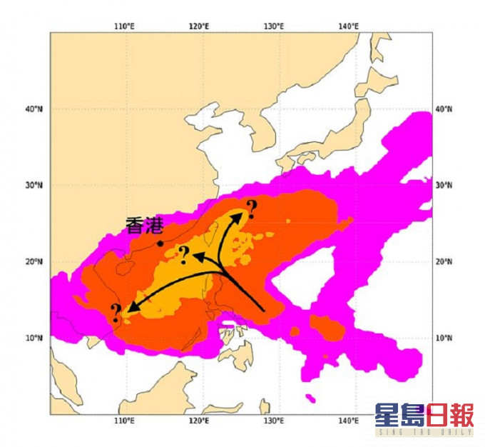随后一星期的热带气旋出现概率预测图。本图所示的概率明显较低,分布较分散,反映出随后的变数颇大,可能性颇多。天文台