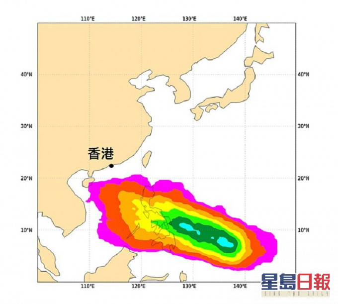欧洲中期天气预报中心预测4月11至18日的热带气旋出现概率分布图。图中偏红色代表概率较低,而蓝色则代表较高,显示热带气旋较大机会在菲律宾以东海域出现。天文台