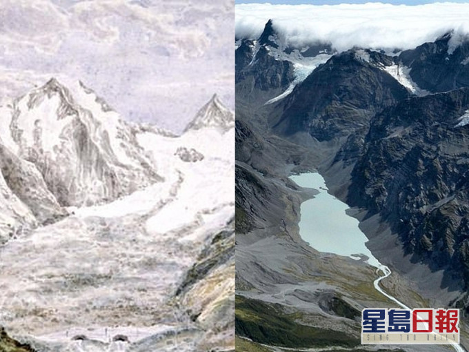 紐西蘭的南阿爾卑斯山,圖左為1866年南阿爾卑斯山的萊爾冰河繪圖,圖右為2018年的萊爾冰川。(網圖)