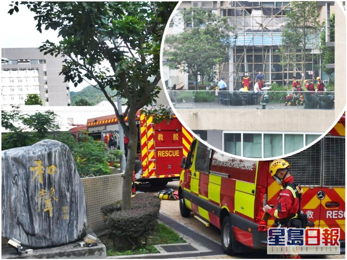攀山拯救支援車到場協助。(小圖:女事主遺體及後被吊上和聲書院平台。)