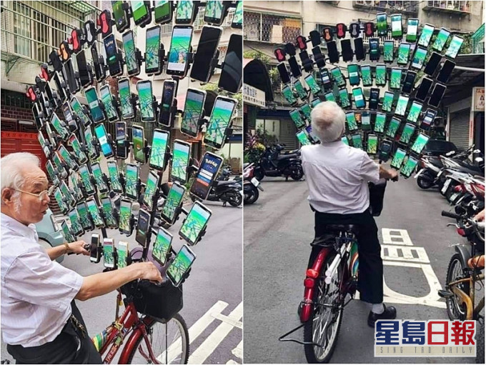台老伯在單車頭放64部手機玩Pokémon GO。FB專頁「爆料公社」圖片