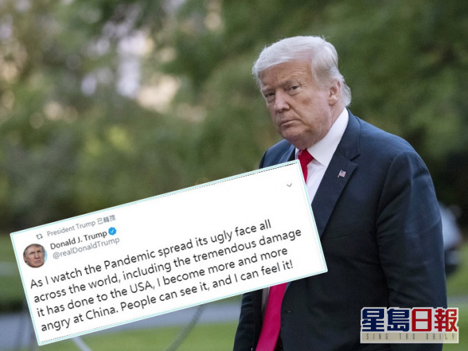 特朗普周二在Twitter发文对中国不满。AP/ Twitter