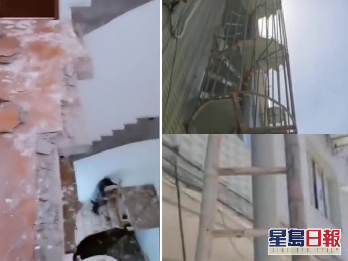 浙江男返工出門發現樓梯消失了,由於房東沒有通知被嚇一跳,需由竹梯爬上旋轉式鐵梯才能上落。(網圖)