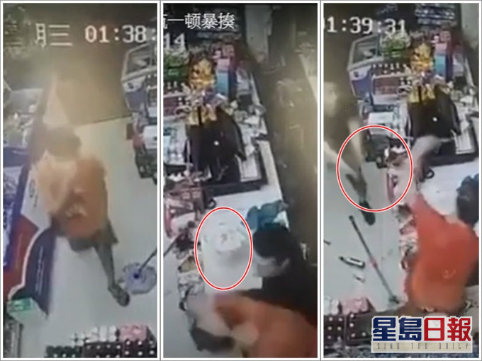 店員先後用玻璃樽及棍還擊賊人。