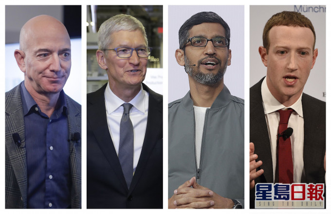 左起，亞馬遜集團創辦人貝索斯、蘋果公司行政總裁庫克、Google集團行政總裁皮查伊及facebook行政總裁朱克伯格。 AP資料圖片