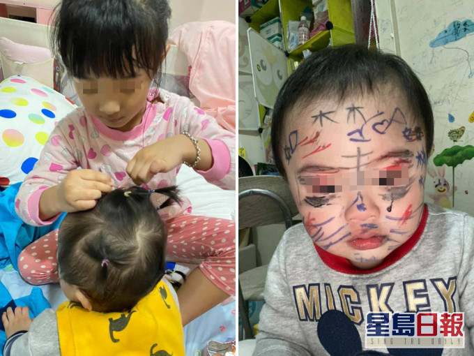 百厭家姐將細佬當Barbie畫臉紮辮。(網圖)