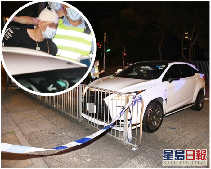 私家車失控撞欄。警方拘捕36歲男司機(小圖)。