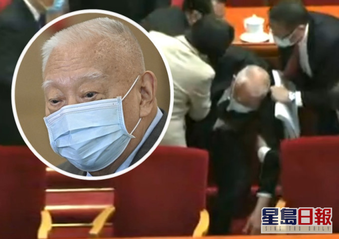 董建华离场时跌倒。港台片段截图