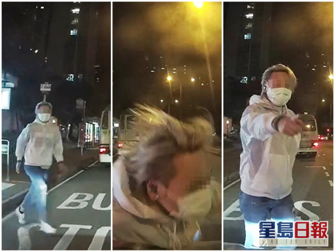 一名戴口罩的金髮男突然衝出馬路,撞向車頭擋風玻璃,之後要求司機落車。影片截圖