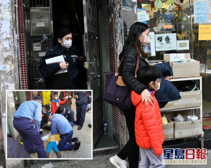 救援人员为男童急救(网图);警员带走一名女子及一名男童返警署协助调查。