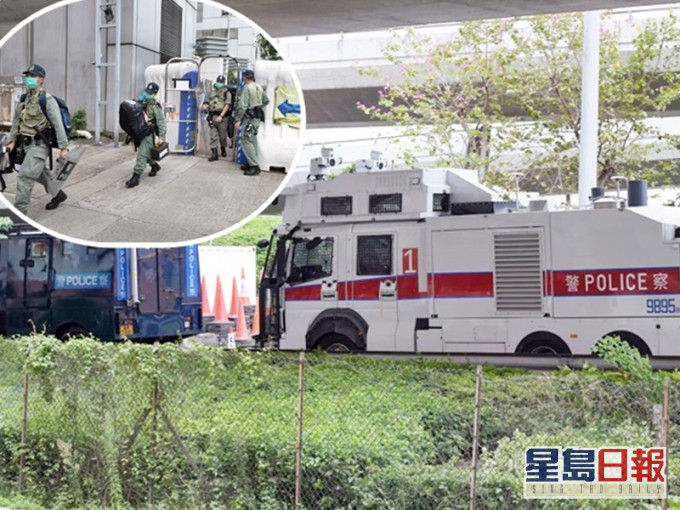 警方在中聯辦一帶加強布防(小圖)。水炮車和裝甲車今早泊於中聯辦對出。