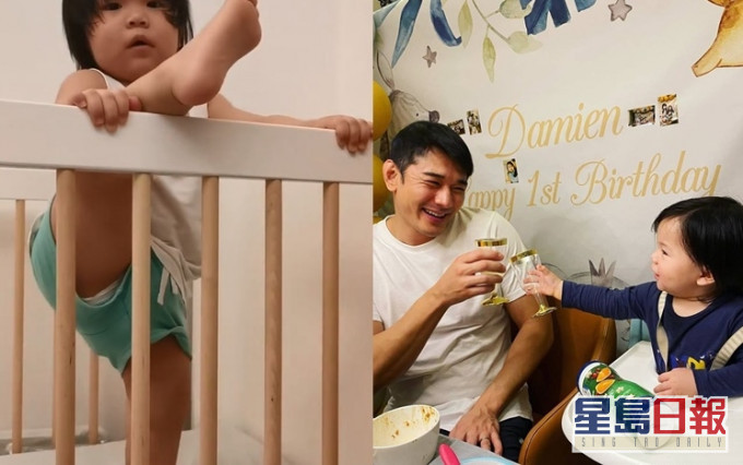 Damien今年1月才剛1歲,短短兩個月已長大不少,還會爬欄嚇壞爸爸。