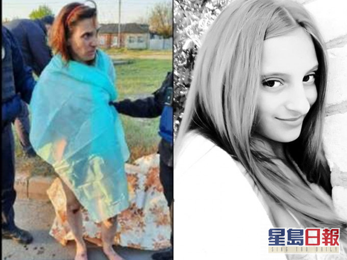 乌克兰母持刀狂劈女儿20多刀,提人头裸体游街。网图