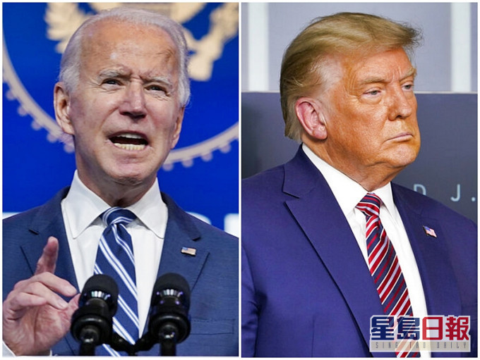 美國總統當選人拜登(左)計畫周二公布新政府內閣的首名人選,特朗普(右)稱發現數十萬張欺詐選票。AP圖片