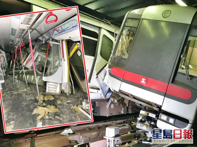 兩列列車去年3月在中環站附近相撞，車廂損毀嚴重。資料圖片