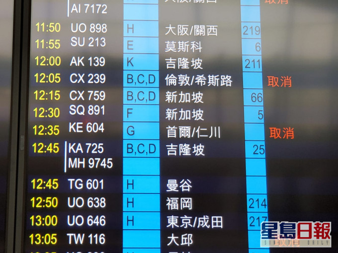 多班飛往南韓大邱航班取消。