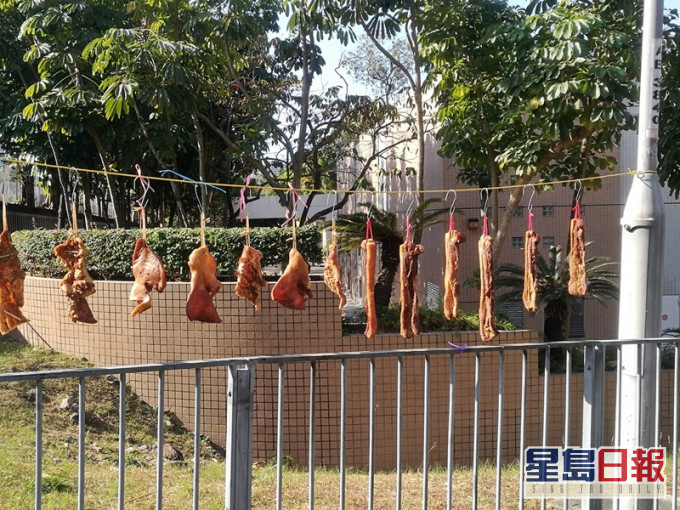 将军澳街头有人在街灯灯柱上拉绳挂腊肉。「将军澳主场」Facebook图片