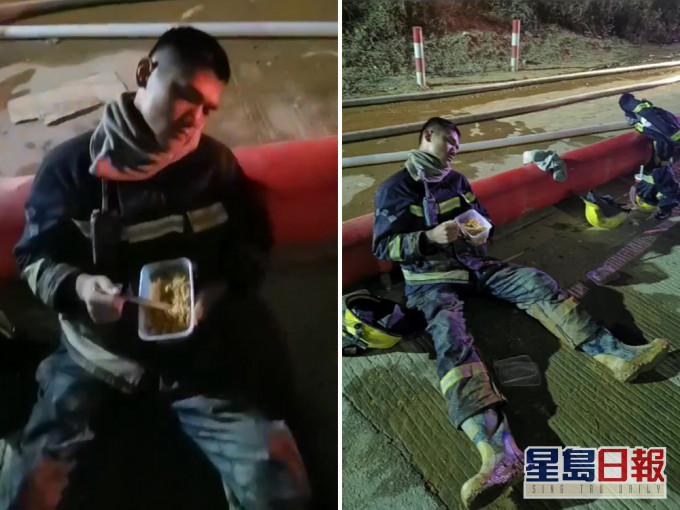 滅火19小時後消防員累到抱飯盒睡着。(網圖)