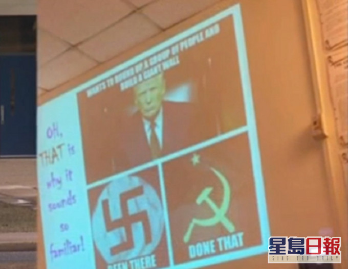 美國一間中學教材,將特朗普圖像和納粹主義、共產主義標誌並列顯示,引發爭議。網圖