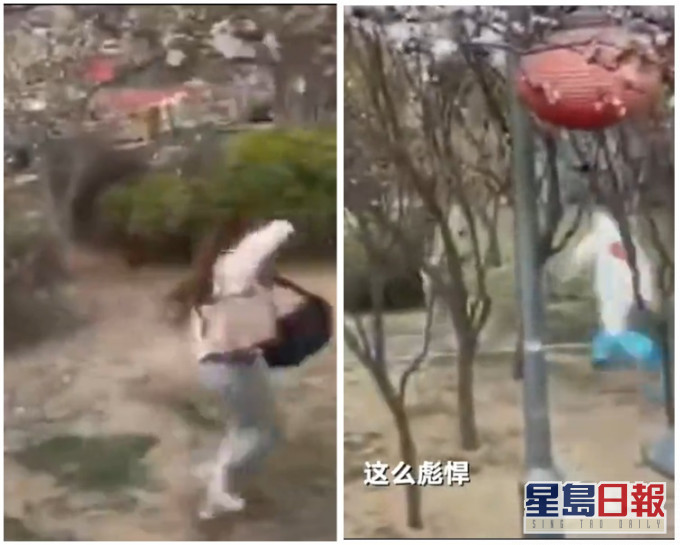 片段中可见，女留学生手持2袋物品，逃跑数十米后遭防疫人员拦截。影片截图